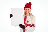 Festive blonde showing a blank page