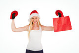 Festive blonde cheering with boxing gloves