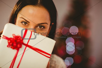 Pretty brunette holding christmas present