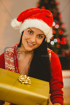 Festive brunette smiling at camera