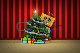 Toy robot happy with christmas tree and presents