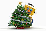 Toy robot happy with christmas tree