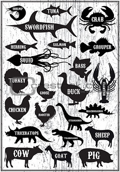 set vector silhouettes of animals and birds on wood background