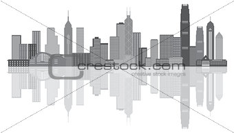 Hong Kong City Skyline Grayscale Panorama Illustration