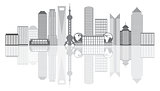 Shanghai City Skyline Grayscale Outline Illustration