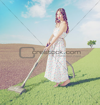 woman cleaning  grass 