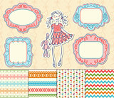 Romantic set of labels, frames and pattern