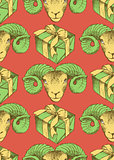 Sketch New Year ram and present in vintage style