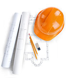 rolls of architecture blueprint, house plane & metric folding ruler