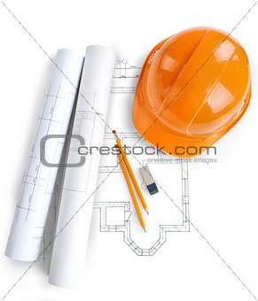 rolls of architecture blueprint, house plane & metric folding ruler