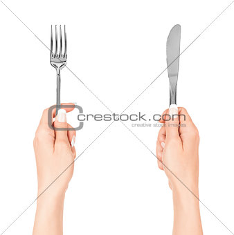hand holding fork isolated on white background