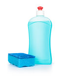 blue detergent and blue sponge on an isolated white background