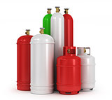 Cylinders with the compressed gases on a white background