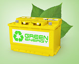 Car battery with green recycle sign. 3d