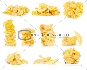 Collage of potato chips isolated on white background