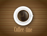 Arrows of clock on the coffee surface. Coffee time concept.