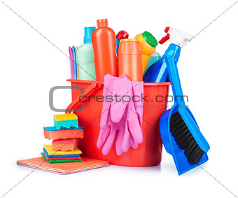 detergent bottles, brushes, gloves and sponges in bucket isolate