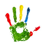 green handprint with colored fingers on an isolated white backgr