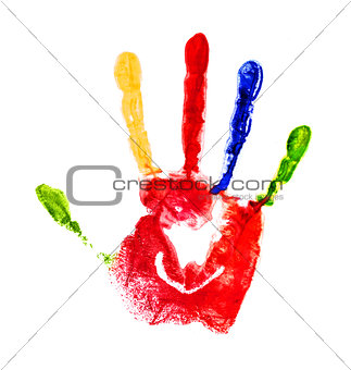 red handprint with colored fingers on an isolated white backgrou