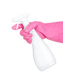 white detergent keeps hand in pink rubber gloves