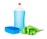blue detergent, sponge blue and light green gloves