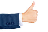 Business hands showing thumbs up sign against white background