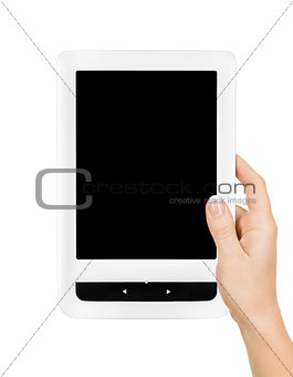 female teen hands using tablet pc with white screen, isolated