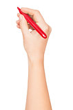 Female hand is ready for drawing with red marker. Isolated on wh