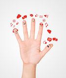 Happy group of finger smileys with social chat sign and speech b