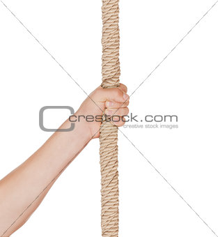 Man's hand holding on to the rope. On a white background.