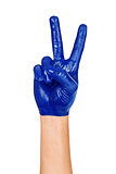 hand with blue paint on it isolated on a white background