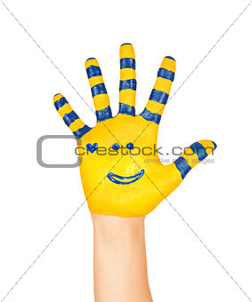 image of an open hand yellow with blue stripes and a pretty smal