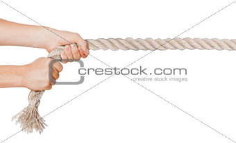 Hands pull a rope. Isolated white background