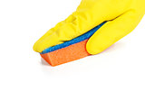 hand in yellow glove holding rag isolated on white