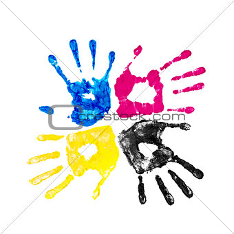 handprints yellow, blue, pink and black on an isolated white bac