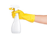 Hands in rubber gloves holding cleaning spray. isolated on white