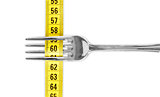 Diet concept, fork and measuring tape isolated