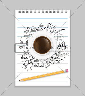 Open notebook with drawing business strategy plan concept idea, pencil and cup of coffee on the desk, Vector illustration modern template design