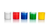 open cans of paint, yellow, green, blue, red, white colors