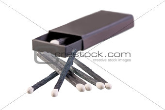 black box of matches lying near on a white background