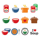 Soup in bowl, can and pot - food icon set