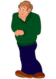 Happy cartoon man standing in brown shoes holding chin