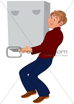 Happy cartoon man standing in brown shoes holding heavy box