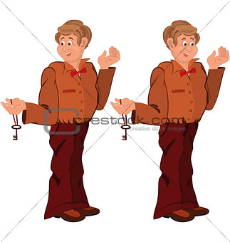 Happy cartoon man standing in brown uniform with key