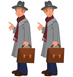 Happy cartoon man standing in gray hat with briefcase
