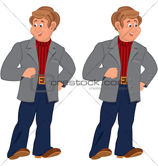 Happy cartoon man standing in gray jacket and striped sweater