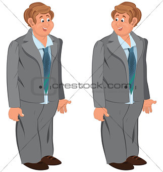 Happy cartoon man standing in gray suit and green tie