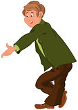 Happy cartoon man standing in green jacket pointing