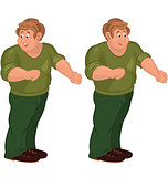 Happy cartoon man standing in green pants and brown shoes