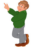 Happy cartoon man standing in green sweater and brown shoes